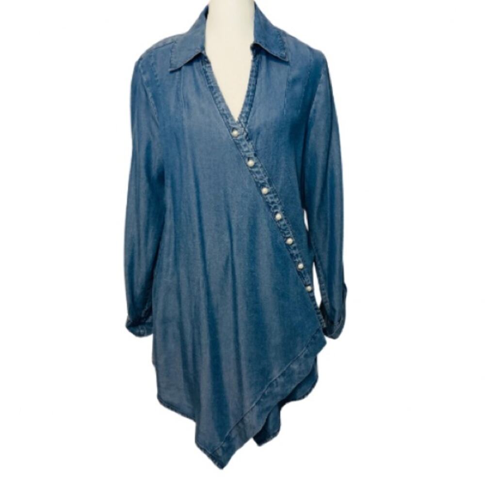 T&W Design Tencel Lightweight Denim Crossover Wrap Handkerchief Blouse Top Small